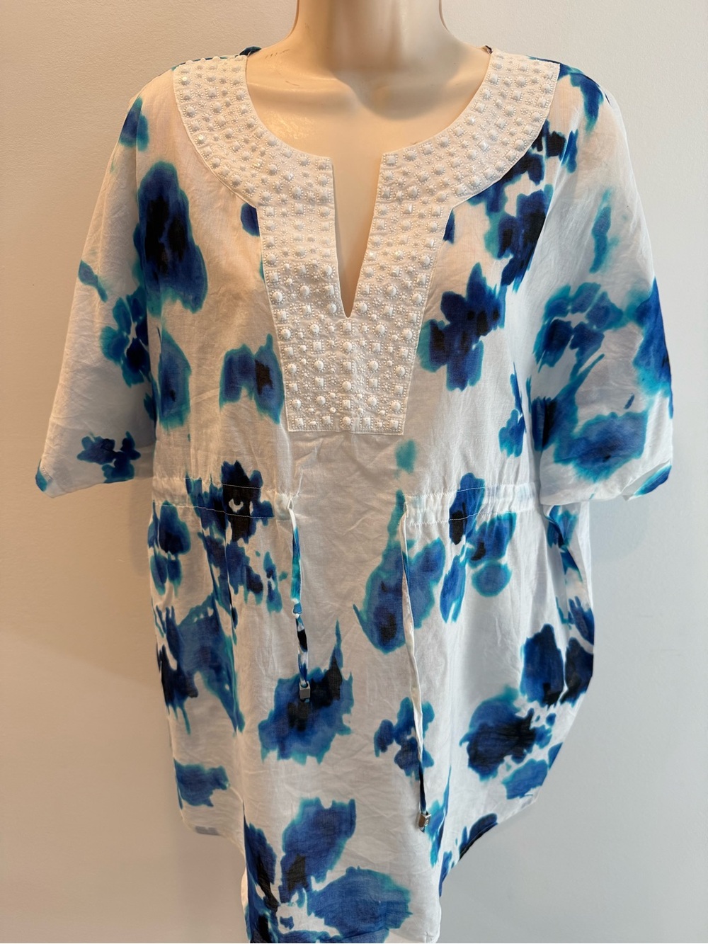 Michael Kors Tie Dye Tunic Blouse Blue Teal Beaded V Neck Top Women S/M